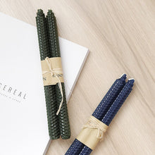 Load image into Gallery viewer, 2-piece olled honeycomb candles in dark green and navy blue by Allthingscurated. Made of beeswax and parafiin.