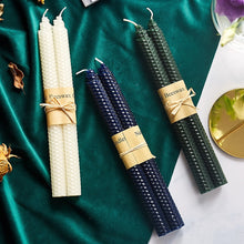 Load image into Gallery viewer, 2-piece Rolled Honeycomb Candles in white, navy blue and dark green by Allthingscurated. Made of beeswax and paraffin.