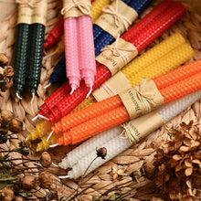 Load image into Gallery viewer, 2-piece Rolled Honeycomb Candles in 7 assorted colors by Allthingscurated. Made of beeswax and paraffin.
