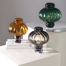Load image into Gallery viewer, Luna Lantern Vases by Allthingscurated are stylish and versatile. Crafted from high-quality thick glass and creatively shaped like an Oriental Lantern with a strong aesthetic, they are perfect for creative floral arrangement or simply as a decorative display on its own. Comes in 2 sizes and 3 avaliable colors of green, gray and amber.