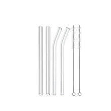 Load image into Gallery viewer, Allthingscurated’s super-short glass straws measures only 15cm or 6 inches. Suitable for drinks in any glass type from lowball, martini, margarita, tumbler, whiskey to mason jar. Package includes 4 straws plus 2 cleaning brushes. Made of high-grad borosilicate glass that is cold and heat-resistant.  This selection is for a mix of straight and bent straw design.