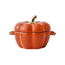 Load image into Gallery viewer, These beautiful Pumpkin Party Bowls by Allthingscurated are perfect serveware to have for a Halloween-themed or Fall-inspired dinners with friends. Made of high-quality porcelain, they are available in Off-white, Orange, Cranberry and Green. Comes with 2 handles for easy transporting and a lid with gold tip to keep food fresh and warm. Measures 16.5cm in width and 12cm in height, or 6.5 inches by 4.7 inches. Weighs 660g or 1.5 pounds with a capacity of 400ml or 13.5 fluid ounce. Featuring Orange bowl here.