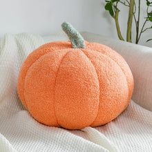Load image into Gallery viewer, Pumpkin Pillows in teddy cotton with a tufted surface by Allthingscurated come in 3 sizes and 7 colors. These pillows are plush and comfy, perfect for Fall and Halloween. Sizes available in 20cm, 28cm and 35cm in height or 8 inches, 11 inches and 13.7 inches in height. Colors come in white, green, blue, yellow, orange, red and brown. Featured here is an Orange pillow.