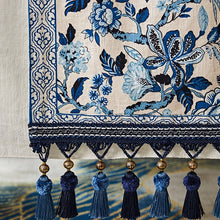 Load image into Gallery viewer, Porcelain Blue Table Runner by Allthingscurated features detailed designs of florals and birds in blue and printed on white background, inspired by the ancient Chinese Porcelain. A fusion of the east and west— this CHINOISERIE style is contemporary, CHARMING and TIMELESS. We added generous tassels in two shades of blues for a striking contrast. Made of cotton-linen blend with 6 sizes available.