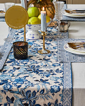 Load image into Gallery viewer, Porcelain Blue Table Runner by Allthingscurated features detailed designs of florals and birds in blue and printed on white background, inspired by the ancient Chinese Porcelain. A fusion of the east and west— this CHINOISERIE style is contemporary, CHARMING and TIMELESS. We added generous tassels in two shades of blues for a striking contrast. Made of cotton-linen blend with 6 sizes available.