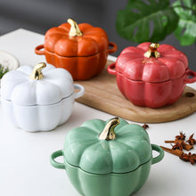Load image into Gallery viewer, These beautiful Pumpkin Party Bowls by Allthingscurated are perfect serveware to have for a Halloween-themed or Fall-inspired dinners with friends. Made of high-quality porcelain, they are available in Off-white, Orange, Cranberry and Green. Comes with 2 handles for easy transporting and a lid with gold tip to keep food fresh and warm. Measures 16.5cm in width and 12cm in height, or 6.5 inches by 4.7 inches. Weighs 660g or 1.5 pounds with a capacity of 400ml or 13.5 fluid ounce.