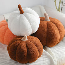 Load image into Gallery viewer, Pumpkin Pillows in teddy cotton with a tufted surface by Allthingscurated come in 3 sizes and 7 colors. These pillows are plush and comfy, perfect for Fall and Halloween. Sizes available in 20cm, 28cm and 35cm in height or 8 inches, 11 inches and 13.7 inches in height. Colors come in white, green, blue, yellow, orange, red and brown.