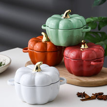 Load image into Gallery viewer, These beautiful Pumpkin Party Bowls by Allthingscurated are perfect serveware to have for a Halloween-themed or Fall-inspired dinners with friends. Made of high-quality porcelain, they are available in Off-white, Orange, Cranberry and Green. Comes with 2 handles for easy transporting and a lid with gold tip to keep food fresh and warm. Measures 16.5cm in width and 12cm in height, or 6.5 inches by 4.7 inches. Weighs 660g or 1.5 pounds with a capacity of 400ml or 13.5 fluid ounce.