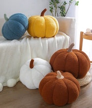 Load image into Gallery viewer, Pumpkin Pillows in teddy cotton with a tufted surface by Allthingscurated come in 3 sizes and 7 colors. These pillows are plush and comfy, perfect for Fall and Halloween. Sizes available in 20cm, 28cm and 35cm in height or 8 inches, 11 inches and 13.7 inches in height. Colors come in white, green, blue, yellow, orange, red and brown.