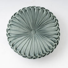 Load image into Gallery viewer, Emma pleated velvet cushion spots an intricate all over pleated design with a velvety sheen. The look is elegant and luxe. Comes in 8 beautiful colors with 2 diameter sizes of 35cm and 38cm, or 13.7 inches and 14.8 inches with a height of 10cm or 4 inches. This color is a lovely sage green.