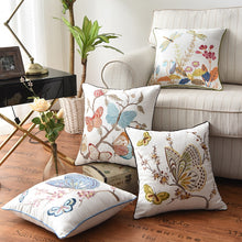 Load image into Gallery viewer, Allthingscurated Spring Harmony Cushion Cover Collection in garden-inspired theme featuring butterflies, florals and birds in embroidering in 100% cotton fabric. Measuring 45 x 45cm or 18 x 18 inches. Available in 7 designs.