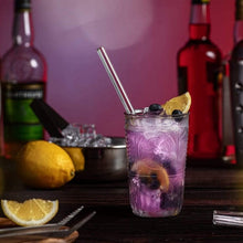 Load image into Gallery viewer, Allthingscurated’s super-short glass straws measures only 15cm or 6 inches. Suitable for drinks in any glass type from lowball, martini, margarita, tumbler, whiskey to mason jar. Package includes 4 straws plus 2 cleaning brushes. Made of high-grad borosilicate glass that is cold and heat-resistant, they are available in either straight or bent design. You can select from straight, bent or mixed options for your purchase.