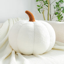 Load image into Gallery viewer, Pumpkin Pillows in teddy cotton with a tufted surface by Allthingscurated come in 3 sizes and 7 colors. These pillows are plush and comfy, perfect for Fall and Halloween. Sizes available in 20cm, 28cm and 35cm in height or 8 inches, 11 inches and 13.7 inches in height. Colors come in white, green, blue, yellow, orange, red and brown. Featured here is a White pillow.