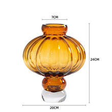 Load image into Gallery viewer, Luna Lantern Vase in Amber by Allthingscurated in small size. Measuring 24cm or 9.4 inches in height and 20cm or 7.8 inches in width. Top opening measures 7cm or 2.7 inches.
