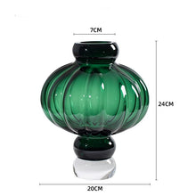 Load image into Gallery viewer, Luna Lantern Vase in Green by Allthingscurated in small size. Measuring 24cm or 9.4 inches in height and 20cm or 7.8 inches in width. Top opening measures 7cm or 2.7 inches.