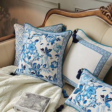 Load image into Gallery viewer, Porcelain Blue Cushion Covers Collection by Allthingscurated features detailed designs of florals and birds in blue printed on white background, inspired by the ancient CHINESE PORCELAIN. The style is contemporary, CHARMING and TIMELESS. We added tassels to the 4 corners of the covers to create a sense of everyday LUXURY. Made of linen-viscose blend with 5 designs and 2 sizes available. A square cover measuring 45 by 45 cm or 18 by 18 inches or rectangle size measuring 30 by 50 cm or 12 by 20 inches.