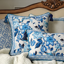 Load image into Gallery viewer, Porcelain Blue Cushion Covers Collection by Allthingscurated features detailed designs of florals and birds in blue printed on white background, inspired by the ancient CHINESE PORCELAIN. The style is contemporary, CHARMING and TIMELESS. We added tassels to the 4 corners of the covers to create a sense of everyday LUXURY. Made of linen-viscose blend with 5 designs and 2 sizes available. A square cover measuring 45 by 45 cm or 18 by 18 inches or rectangle size measuring 30 by 50 cm or 12 by 20 inches.