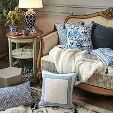 Load image into Gallery viewer, Porcelain Blue Cushion Covers Collection by Allthingscurated features detailed designs of florals and birds in blue printed on white background, inspired by the ancient CHINESE PORCELAIN. The style is contemporary, CHARMING and TIMELESS. We added tassels to the 4 corners of the covers to create a sense of everyday LUXURY. Made of linen-viscose blend with 5 designs and 2 sizes available. A square cover measuring 45 by 45 cm or 18 by 18 inches or rectangle size measuring 30 by 50 cm or 12 by 20 inches.