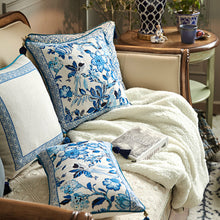 Load image into Gallery viewer, Porcelain Blue Cushion Covers Collection by Allthingscurated features detailed designs of florals and birds in blue printed on white background, inspired by the ancient CHINESE PORCELAIN. The style is contemporary, CHARMING and TIMELESS. We added tassels to the 4 corners of the covers to create a sense of everyday LUXURY. Made of linen-viscose blend with 5 designs and 2 sizes available. A square cover measuring 45 by 45 cm or 18 by 18 inches or rectangle size measuring 30 by 50 cm or 12 by 20 inches.