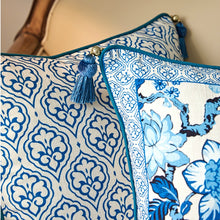 Load image into Gallery viewer, Porcelain Blue Cushion Covers Collection by Allthingscurated features detailed designs of florals and birds in blue printed on white background, inspired by the ancient CHINESE PORCELAIN. The style is contemporary, CHARMING and TIMELESS. We added tassels to the 4 corners of the covers to create a sense of everyday LUXURY. Made of linen-viscose blend with 5 designs and 2 sizes available. A square cover measuring 45 by 45 cm or 18 by 18 inches or rectangle size measuring 30 by 50 cm or 12 by 20 inches.