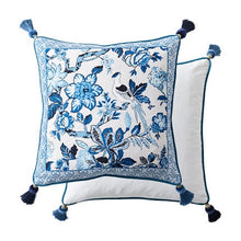 Load image into Gallery viewer, Allthingscurated Porcelain Blue Square Cushion Cover Design B measuring 45 by 45 cm or 18 by 18 inches.