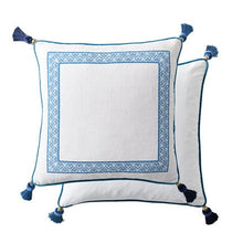 Load image into Gallery viewer, Allthingscurated Porcelain Blue Square Cushion Cover Design C measuring 45 by 45 cm or 18 by 18 inches.