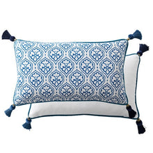 Load image into Gallery viewer, Allthingscurated Porcelain Blue Rectangle Cushion Cover Design D measuring 30 by 50 cm or 12 by 20 inches.