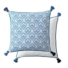Load image into Gallery viewer, Allthingscurated Porcelain Blue Square Cushion Cover Design E measuring 45 by 45 cm or 18 by 18 inches.