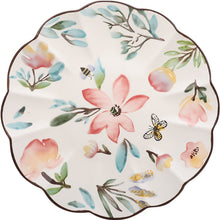 Load image into Gallery viewer, Allthingscurated’s Camille dinnerware features hand-painted florals, fauna and pretty butterflies and a color scheme of pink, yellow, blue,green and brown against a white ceramic background. Every plate is designed with a brown-lined scallop edge. Available in 6, 8 and 10 inches or 15.5, 20 and 25.5cm.