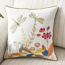Load image into Gallery viewer, Allthingscurated Spring Harmony Cushion Cover Collection in garden-inspired theme featuring butterflies, florals and birds in embroidering in 100% cotton fabric. Measuring 45 x 45cm or 18 x 18 inches. Available in 7 designs. Shown here Dragonfly Design B.