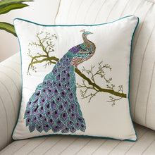Load image into Gallery viewer, Allthingscurated Spring Harmony Cushion Cover Collection in garden-inspired theme featuring butterflies, florals and birds in embroidering in 100% cotton fabric. Measuring 45 x 45cm or 18 x 18 inches. Available in 7 designs. Shown here peacock Design F.