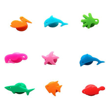 Load image into Gallery viewer, A set of 12 wine glass charms shaped like marina animals in bright random colors. They are made of silicon and feature suction cups.