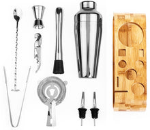 Load image into Gallery viewer, Mixology Bartender 10-piece Bar Tool Set with Stand by Allthingscurated is nifty set with all the basic essentials that you need for your home bar. Available in colors of gold, copper, silver and gundmetal black. Featured here is the set in silver.