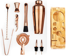 Load image into Gallery viewer, Mixology Bartender 10-piece Bar Tool Set with Stand by Allthingscurated is nifty set with all the basic essentials that you need for your home bar. Available in colors of gold, copper, silver and gundmetal black. Featured here is the set in copper.