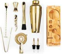 Load image into Gallery viewer, Mixology Bartender 10-piece Bar Tool Set with Stand by Allthingscurated is nifty set with all the basic essentials that you need for your home bar. Available in colors of gold, copper, silver and gundmetal black. Featured here is the set in gold.