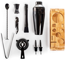 Load image into Gallery viewer, Mixology Bartender 10-piece Bar Tool Set with Stand by Allthingscurated is nifty set with all the basic essentials that you need for your home bar. Available in colors of gold, copper, silver and gundmetal black. Featured here is the set in gunmetal black.