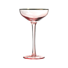 Load image into Gallery viewer, Allthingscurated Alaia Pink gold-rimmed champagne Coupe with a capacity of 140ml or 4.7 fluid ounce. Made of lead-free crystal glass