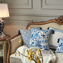 Load image into Gallery viewer, Porcelain Blue Cushion Covers Collection by Allthingscurated features detailed designs of florals and birds in blue printed on white background, inspired by the ancient CHINESE PORCELAIN. The style is contemporary, CHARMING and TIMELESS. We added tassels to the 4 corners of the covers to create a sense of everyday LUXURY. Made of linen-viscose blend with 5 designs and 2 sizes available. A square cover measuring 45 by 45 cm or 18 by 18 inches or rectangle size measuring 30 by 50 cm or 12 by 20 inches.