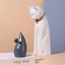 Load image into Gallery viewer, white cat and grey mouse looking into each other peacefully in a pastel peach and blue background.