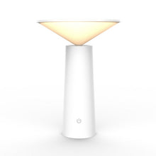 Load image into Gallery viewer, Cordless and portable bar table lamp in minimalist design with white body.. Dimmable with 3 lighting modes from warm, to white and natural light. Fully charged in 4 hours with USB cable.