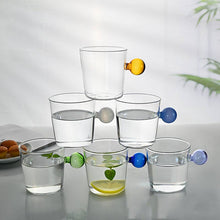 Load image into Gallery viewer, Drinking Glass with colored spherical handle. measuring 8.5 x 8.5 x 7cm or 3.3 x 3.3 x 3 inches with a capacity of 350ml or 11.8 ounce.