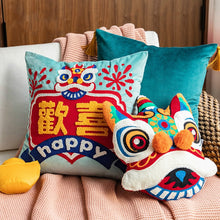 Load image into Gallery viewer, Allthingscurated Oriental Joy Modern Cushion collection comprising 45x45cm cushion covers in 2 designs available in blue pink, red, orange and green; and a 40x35cm cushion in the shape of oriental lion available in orange, green, pink and red.