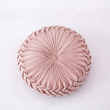 Load image into Gallery viewer, Emma pleated velvet cushion spots an intricate all over pleated design with a velvety sheen. The look is elegant and luxe. Comes in 8 beautiful colors with 2 diameter sizes of 35cm and 38cm, or 13.7 inches and 14.8 inches with a height of 10cm or 4 inches. This color is a lovely baby pink.