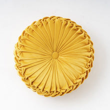 Load image into Gallery viewer, Emma pleated velvet cushion spots an intricate all over pleated design with a velvety sheen. The look is elegant and luxe. Comes in 8 beautiful colors with 2 diameter sizes of 35cm and 38cm, or 13.7 inches and 14.8 inches with a height of 10cm or 4 inches. This color is a happy golden yellow.