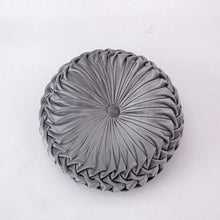 Load image into Gallery viewer, Emma pleated velvet cushion spots an intricate all over pleated design with a velvety sheen. The look is elegant and luxe. Comes in 8 beautiful colors with 2 diameter sizes of 35cm and 38cm, or 13.7 inches and 14.8 inches with a height of 10cm or 4 inches. This color is a cool pewter.