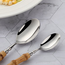 Load image into Gallery viewer, Allthingscurated Natural Bamboo Cutlery Set consisting of 1 dinner knife, 1 dinner spoon, 1 dinner fork, 1 teaspoon and 1 fruit fork. Available in 5-piece set for 1 person, or 20-piece set for 4 persons and 30-piece set for 6 persons. Made of 18/10 stainless steel and natural bamboo for handle.