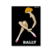 Load image into Gallery viewer, Bally Vintage Fashion Canvas Art Prints by Allthingscurated is a collection of bold and inspiring prints celebrating the Swiss luxury brand known for its men’s and women’s fashion and accessories. These unique art pieces are perfect for the fashionista’s dressing room or elegant living room. Featured here is the Lady in Black print.

