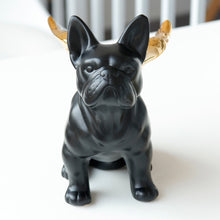 Load image into Gallery viewer, Angle Wings French Bulldog in black and gold ceramic from Allthingscurated.  Measuring 21cm or 8 inches in height, 14cm or 5.5 inches in length and 11cm or 4.3 inches in width.
