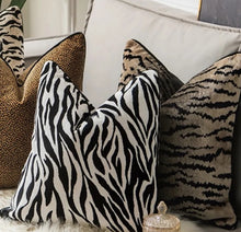 Load image into Gallery viewer, Glamorous Animal Prints Cushion Covers by Allthingscurated featured 6 animal print designs in tiger stripes, cheetah spots, zebra stripes and giraffe print. In a neutral palette and warm texture that work well with a variety of decorating styles. Timeless and chic, they are the perfect accessories to dress up with home with a wow factor. Comes in 2 square sizes of 45 by 45cm or 17.5 by 17.5 inches or 50 by 50cm or 19.5 by 19.5 inches.
