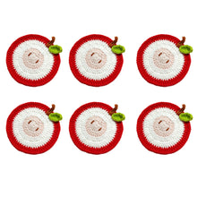 Load image into Gallery viewer, This is a set of 6 crochet coasters in red, white, beige and green in Apple design.
